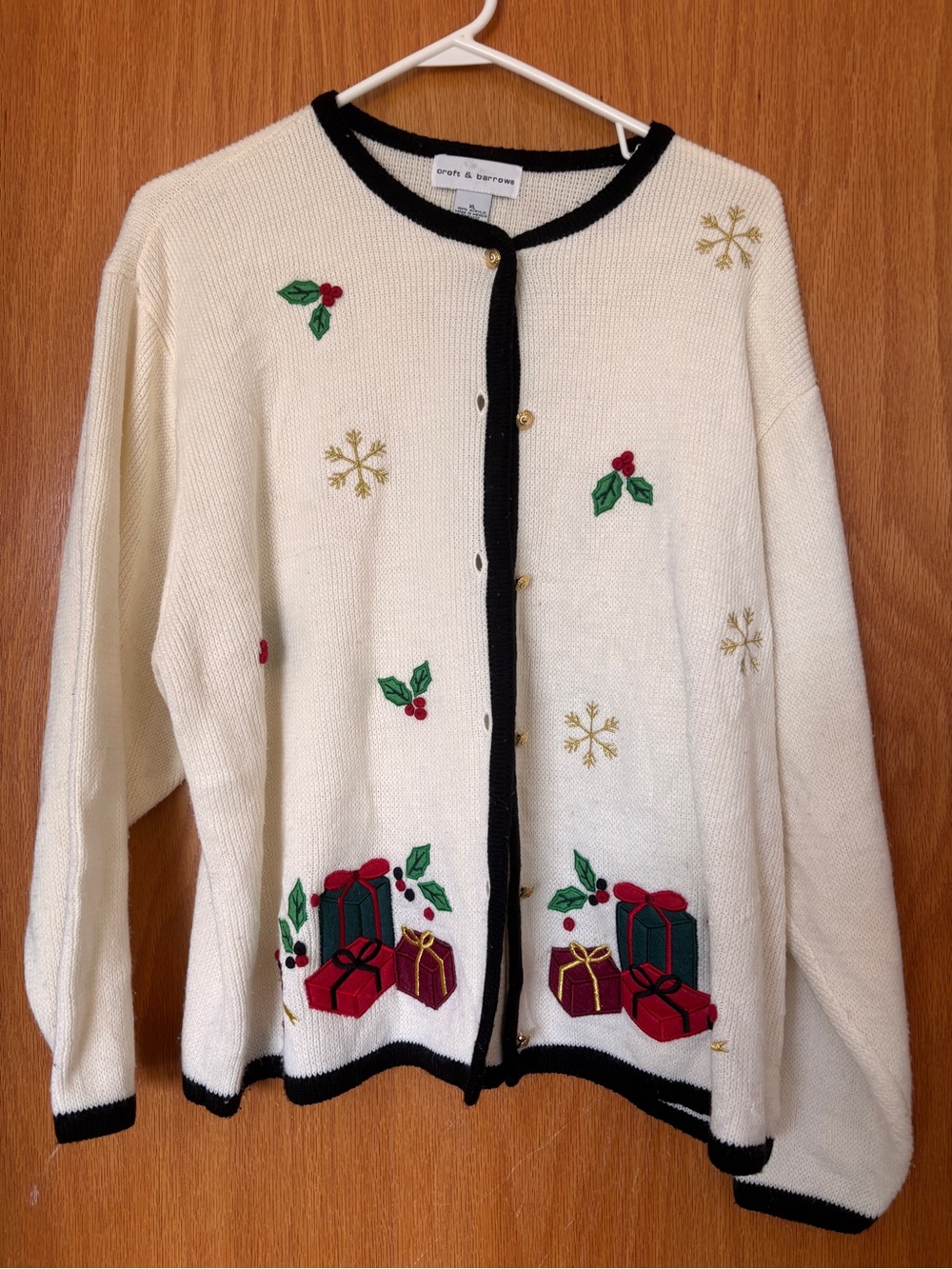 croft & barrow Cream Holiday Cardigan with Black Trim and Red Green Accents